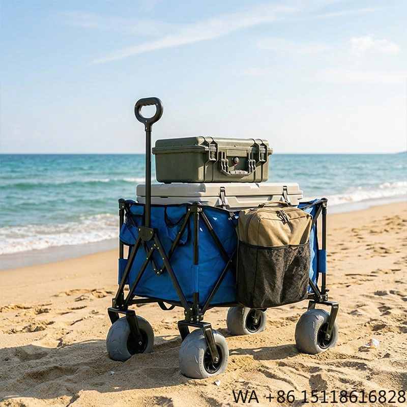 Outdoor Camping Table - รถเข็นชายหาดโลหะพับได้ ล้อบอลลูนหมุนได้ ถอดประกอบง่าย ขนาดกะทัดรัดและกว้างขวาง เหมาะสำหรับการตั้งแคมป์
