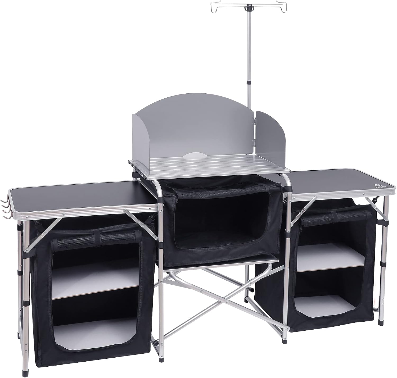 Outdoor Camping Kitchen Setup - โต๊ะครัวพับได้สำหรับตั้งแคมป์ พร้อมขาตั้งไฟ ที่กันลม ช่องเก็บของสามช่อง กระเป๋าหิ้ว สำหรับทำอาหารนอกบ้าน