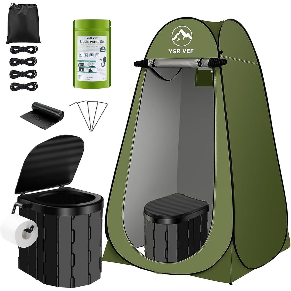 Outdoor Camp - ชุดห้องน้ำพกพา, ห้องน้ำสำหรับตั้งแคมป์พร้อมเต็นท์ปิดแบบพับได้และถุงเจลสำหรับขับถ่าย, ฝักบัวอาบน้ำกลางแจ้งแบบพกพาที่ล้างทำความสะอาดได้