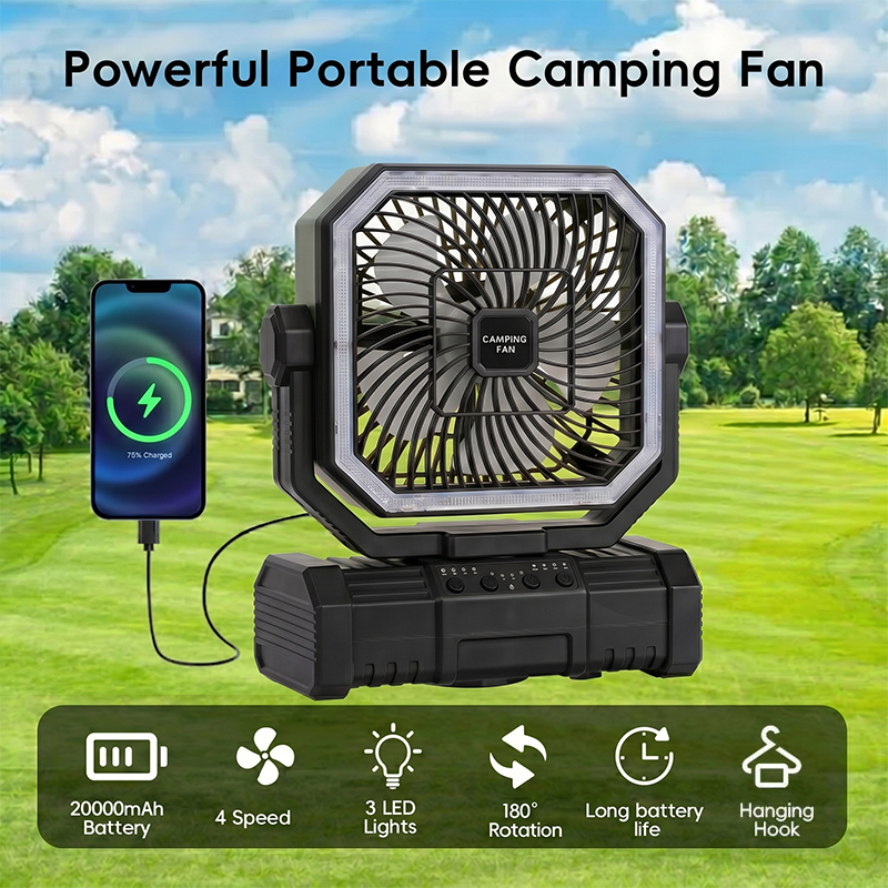 Outdoor Camping House - พัดลมเพดานสำหรับตั้งแคมป์ 20000mAh พัดลมพกพาแบบชาร์จไฟได้พร้อมตะขอแขวน โคมไฟ LED และรีโมทสำหรับเต็นท์กลางแจ้ง