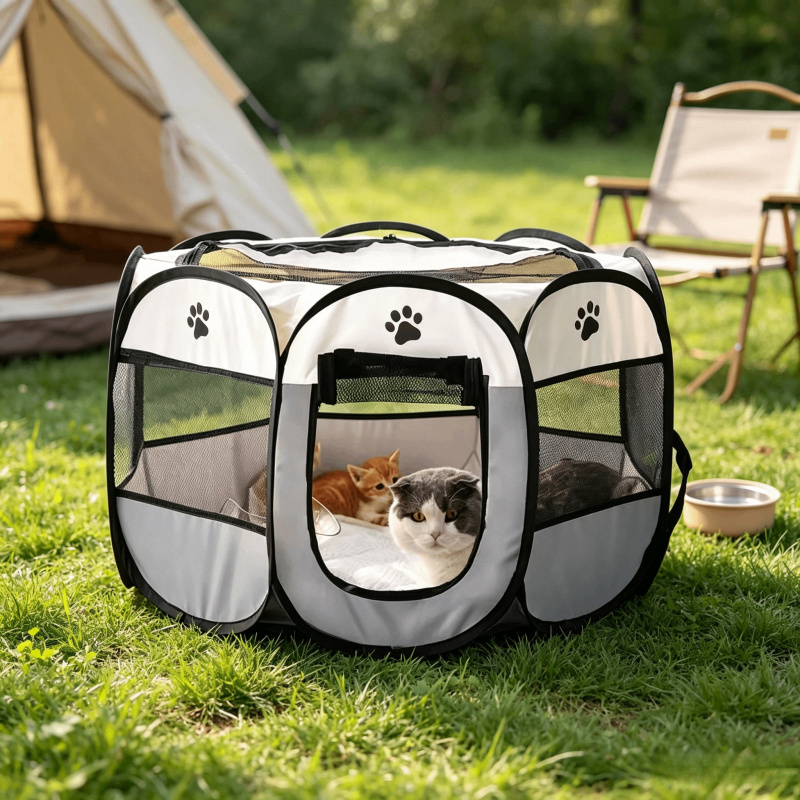 Outdoor Camping Dog Fence - เต็นท์คอกสัตว์เลี้ยงแบบพับได้ทรงแปดเหลี่ยมแบบพกพา – ที่พักและรั้วสำหรับลูกสุนัขกลางแจ้ง ติดตั้งง่ายสำหรับสุนัขและแมวขนาดใหญ่