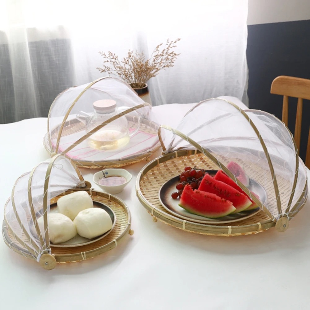 Outdoor Camping Mosquito Net - ตะกร้าทอไม้ไผ่ Anti-Mosquito Net ตะกร้าผักผลไม้ Dustpan เต็นท์ตะกร้าถาดแบบพกพาปิกนิกกลางแจ้งตาข่ายสุทธิฝาครอบ