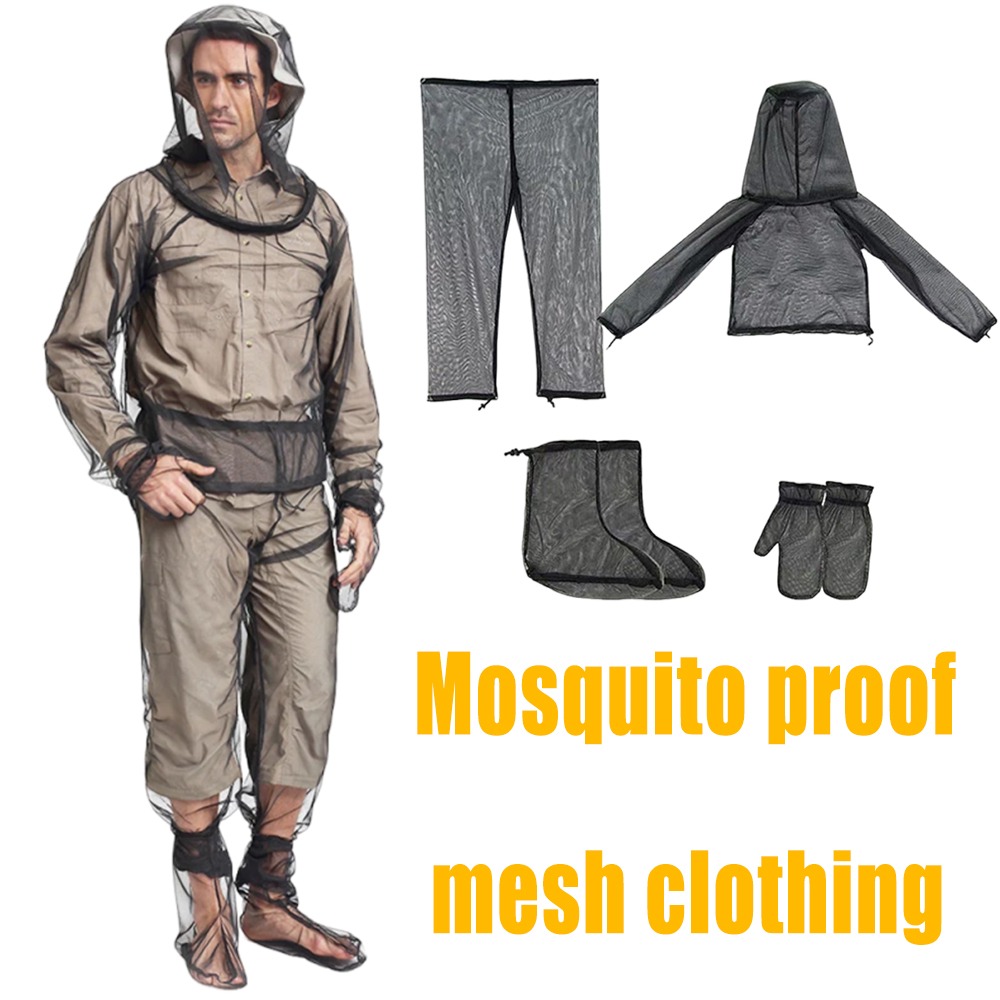 Outdoor Camping Mosquito Net - ชุดป้องกันยุงกลางแจ้ง เสื้อแจ็คเก็ตตาข่ายกันแมลงแบบมีฮู้ด สำหรับตกปลา ตั้งแคมป์ เสื้อและกางเกงตาข่ายกันแมลง ปกป้องทั้งตัว