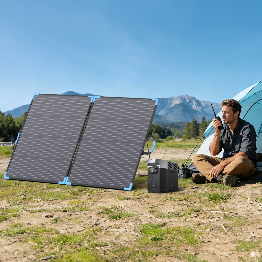 Outdoor Camping Van - E-POWO 20V แผงโซลาร์เซลล์แบบสองหน้า 220W เครื่องชาร์จพลังงานแสงอาทิตย์แบบพับได้ พร้อมอัตราการแปลงพลังงาน