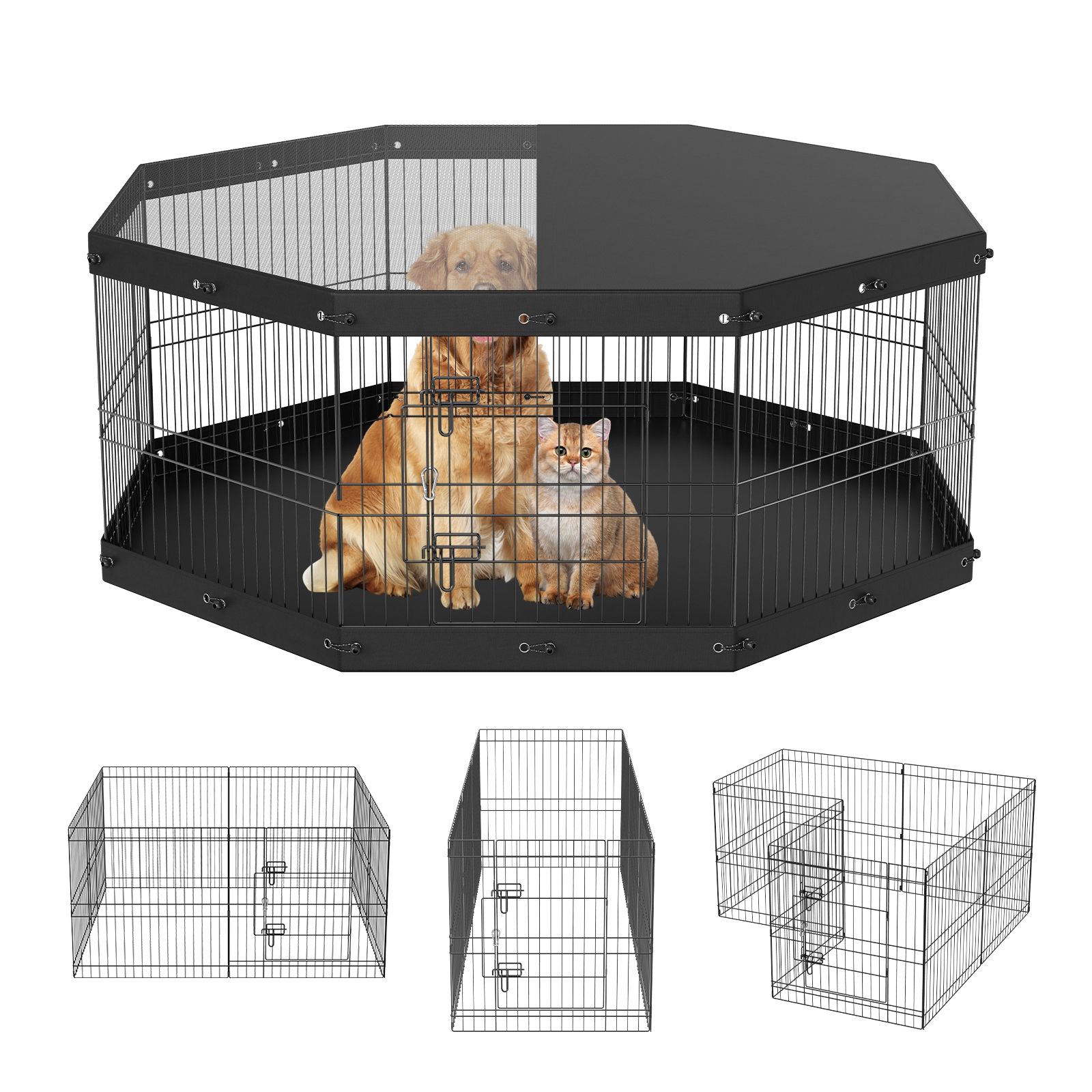 Outdoor Camping Dog Fence - คอกกั้นสุนัขแบบพับได้ 8 แผง ทำจากโลหะ พร้อมฝาปิดด้านบนและแผ่นรองด้านล่าง รั้วสัตว์เลี้ยงสูง