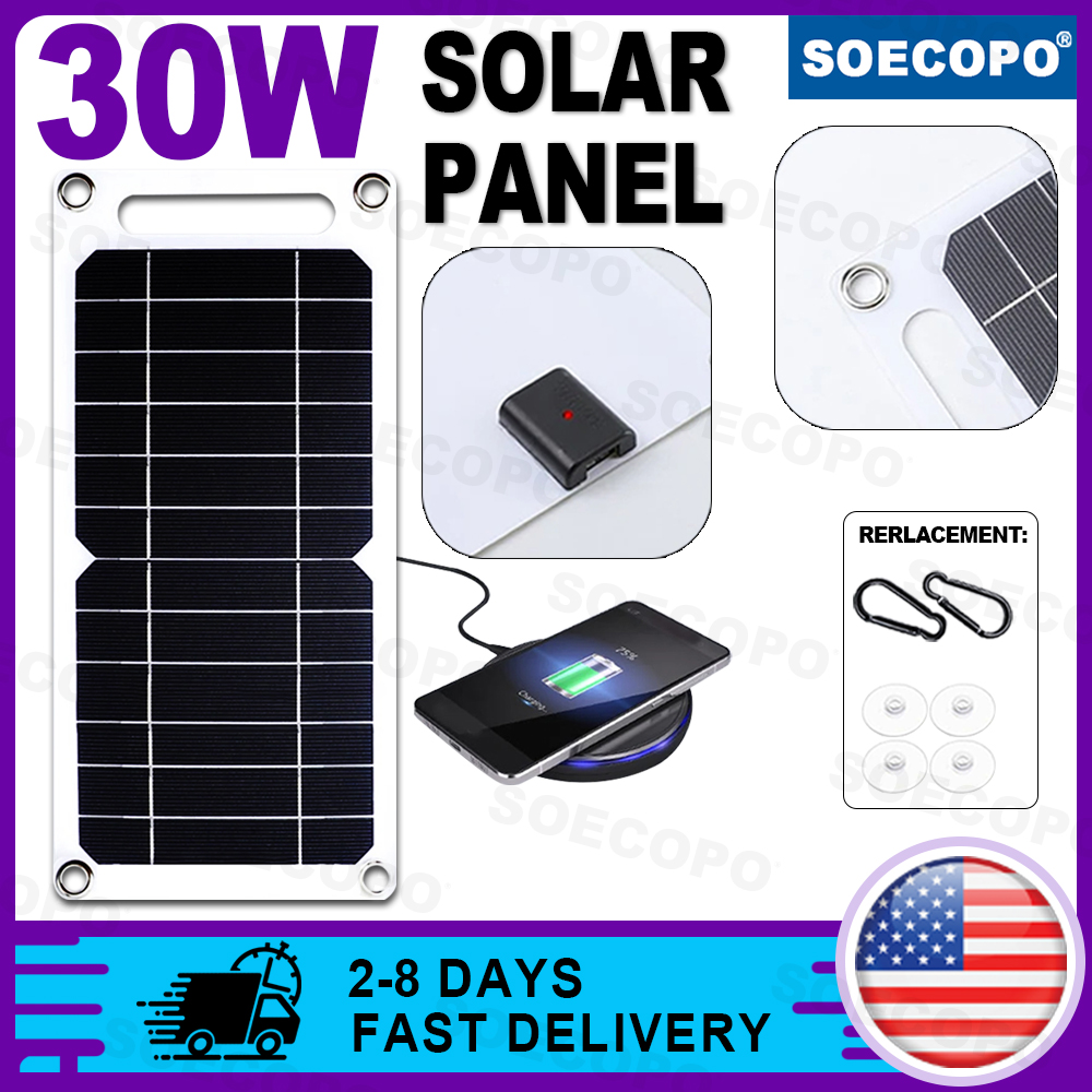 Outdoor Camping Warehouse - SOECOPO 30W ชุดแผงโซลาร์เซลล์แบบยืดหยุ่นน้ำหนักเบา, แถมฟรีตัวควบคุมพลังงานแสงอาทิตย์ขนาดเล็ก, อุปกรณ์เสริมตะขอและถ้วยดูดครบชุด, พกพาสะดวกสำหรับชาร์จโทรศัพท์มือถือ
