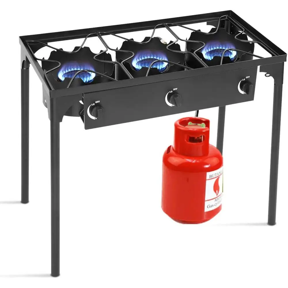 Outdoor Camping Burner - เตาแก๊สโพรเพนแบบพกพา 3 หัวเตา พร้อมขาตั้งถอดได้ สำหรับตั้งแคมป์และปิกนิกกลางแจ้ง